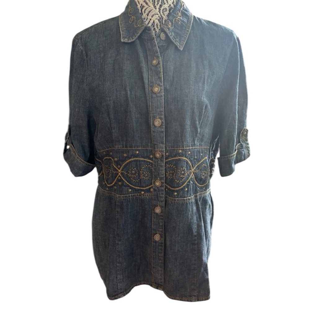 Embroidered Denim Button-Up Shirt